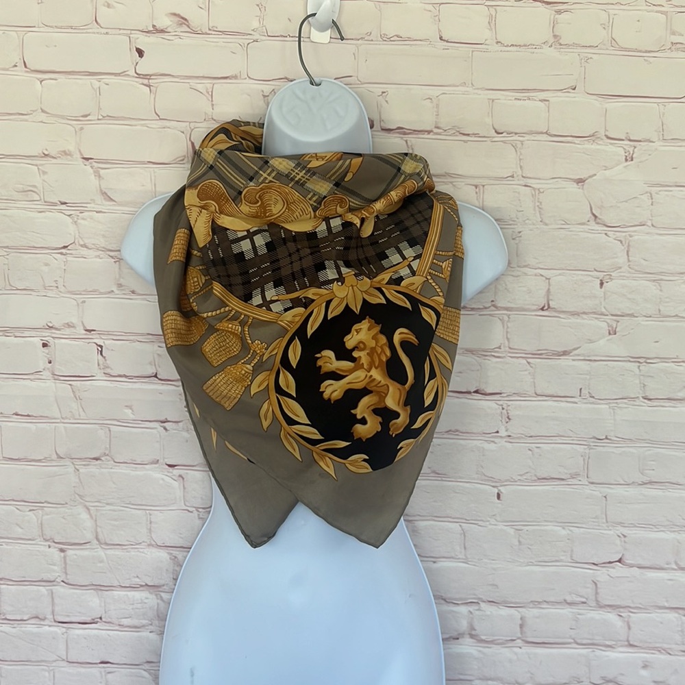 VTG 80’s Express handsome gold taupe scarf lions tassel preppy 80’s square - Picture 4 of 7